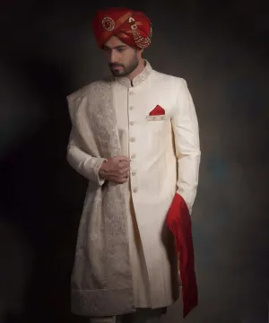 Royal Ivory Gold Form Fitted Raw Silk Pakistani Groom Sherwani