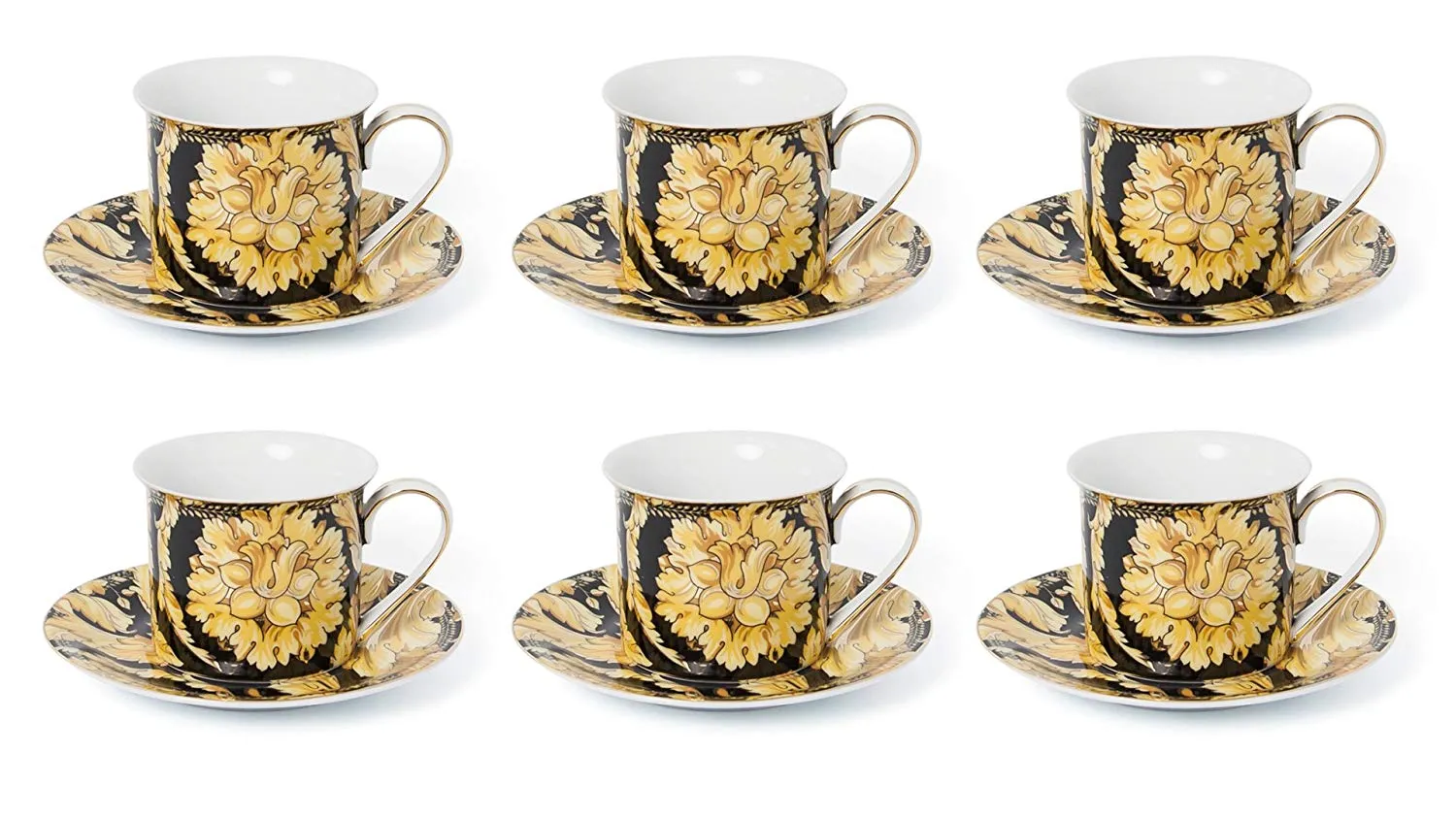 Royalty Porcelain Luxury Tea or Coffee Cup Set, 24K Gold (12 PC, Floral Black)