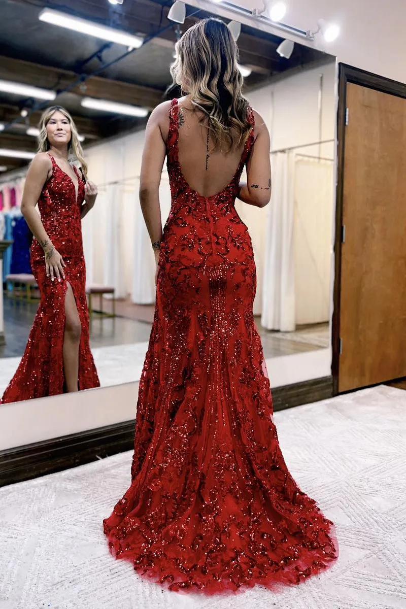 Roycebridal Avianna |Mermaid V Neck Sequined Lace Prom Dress with Slit