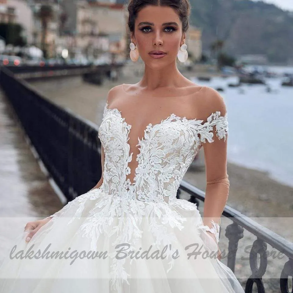 Roycebridal Lakshmiown Elegant Wedding Dress Long Sleeve Luxury Lace Appliques