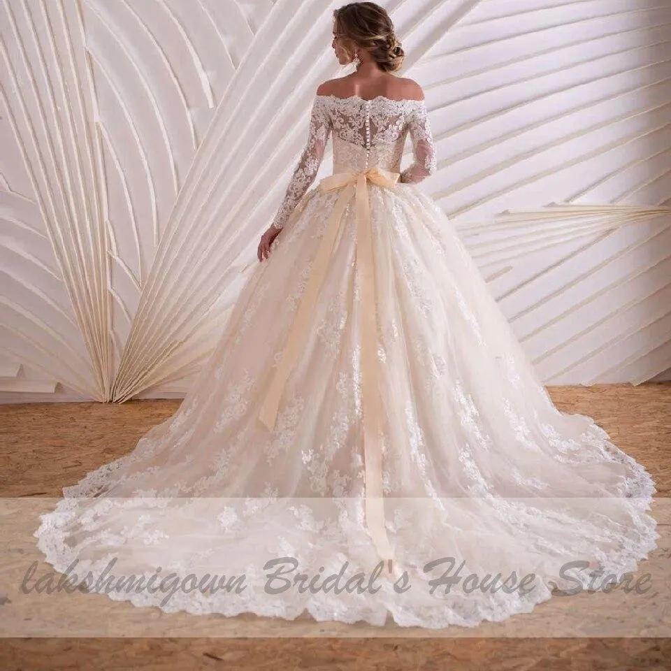 Roycebridal Luxury Champagne Wedding Dress Long Sleeve Lace Elegant