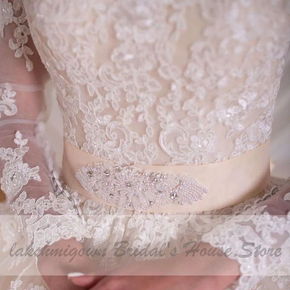 Roycebridal Luxury Champagne Wedding Dress Long Sleeve Lace Elegant