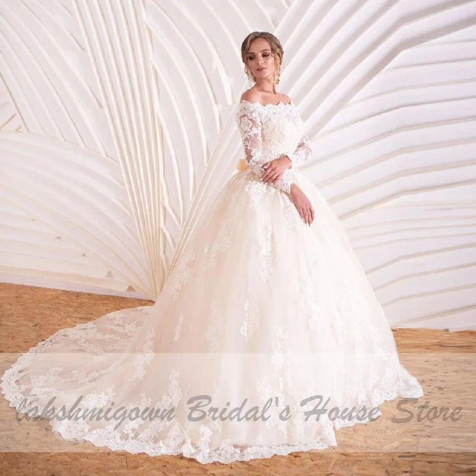 Roycebridal Luxury Champagne Wedding Dress Long Sleeve Lace Elegant