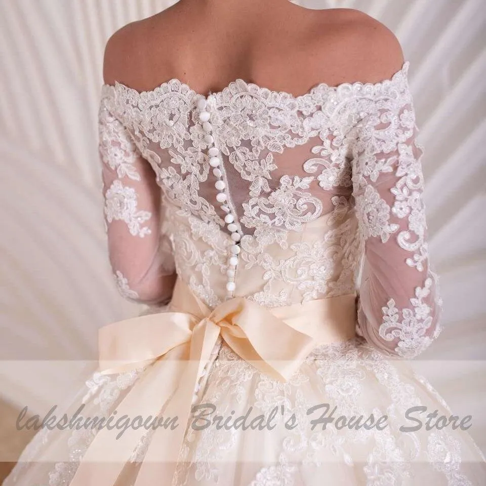 Roycebridal Luxury Champagne Wedding Dress Long Sleeve Lace Elegant