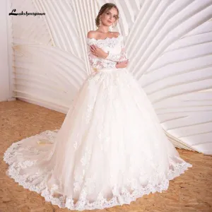 Roycebridal Luxury Champagne Wedding Dress Long Sleeve Lace Elegant