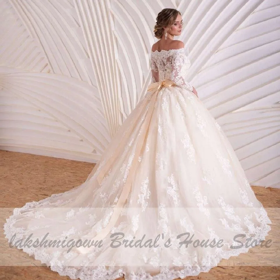 Roycebridal Luxury Champagne Wedding Dress Long Sleeve Lace Elegant