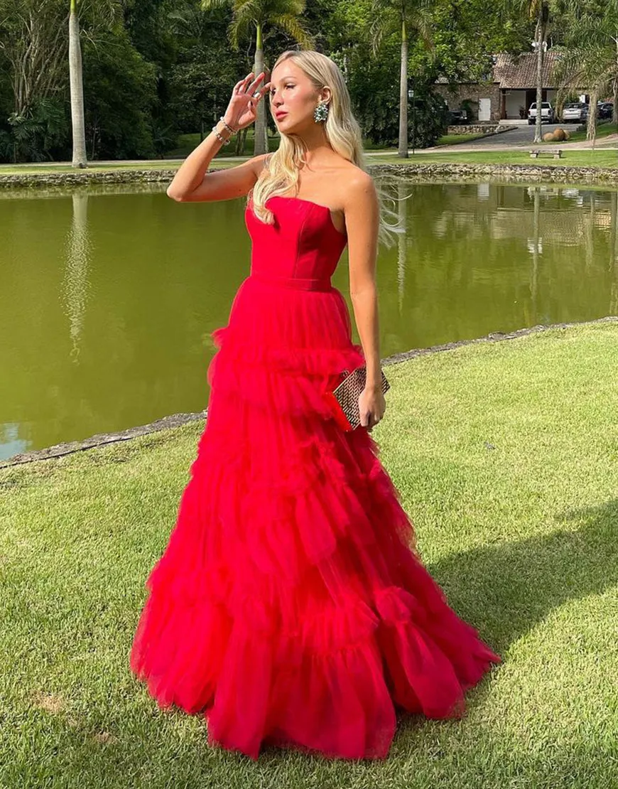 Roycebridal Matilda |Red A-Line Strapless Ruffled Tulle Evening Dress