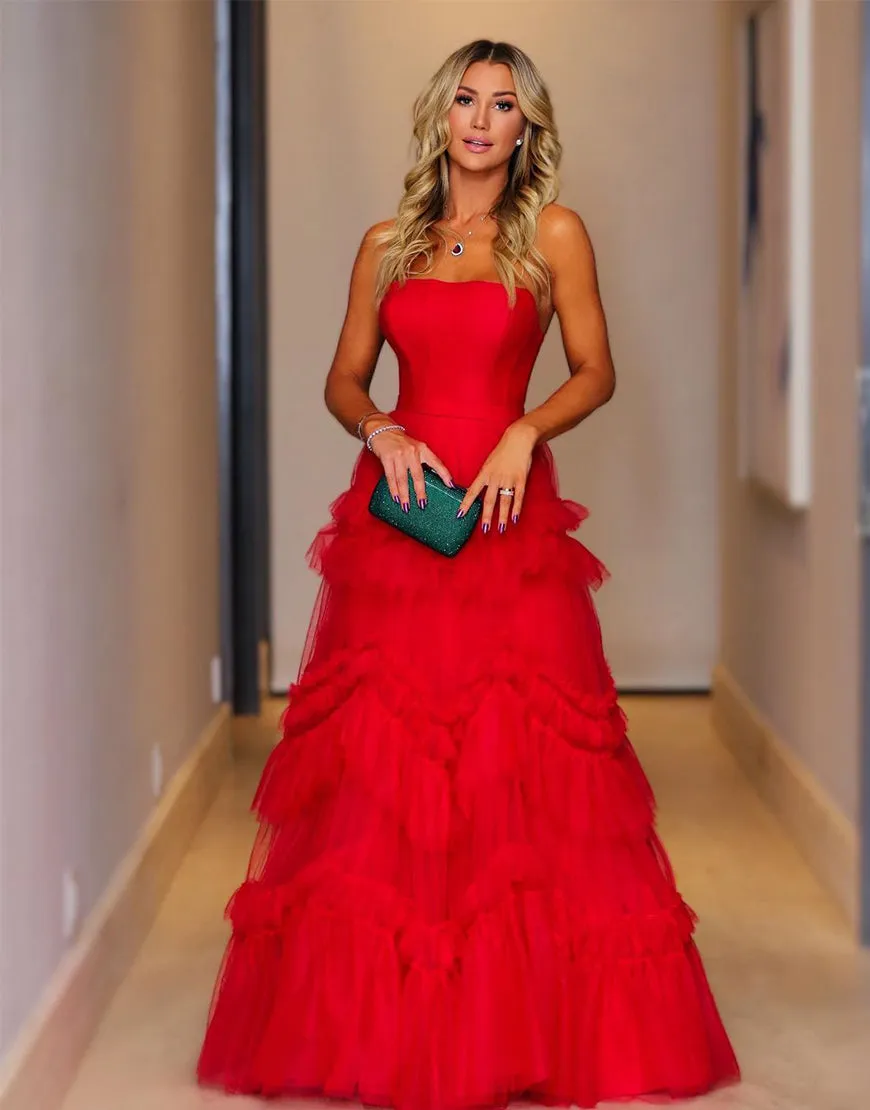 Roycebridal Matilda |Red A-Line Strapless Ruffled Tulle Evening Dress