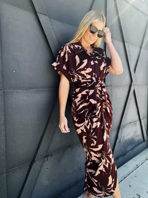 Ruched Button Down Midi Dress In Dried Palm