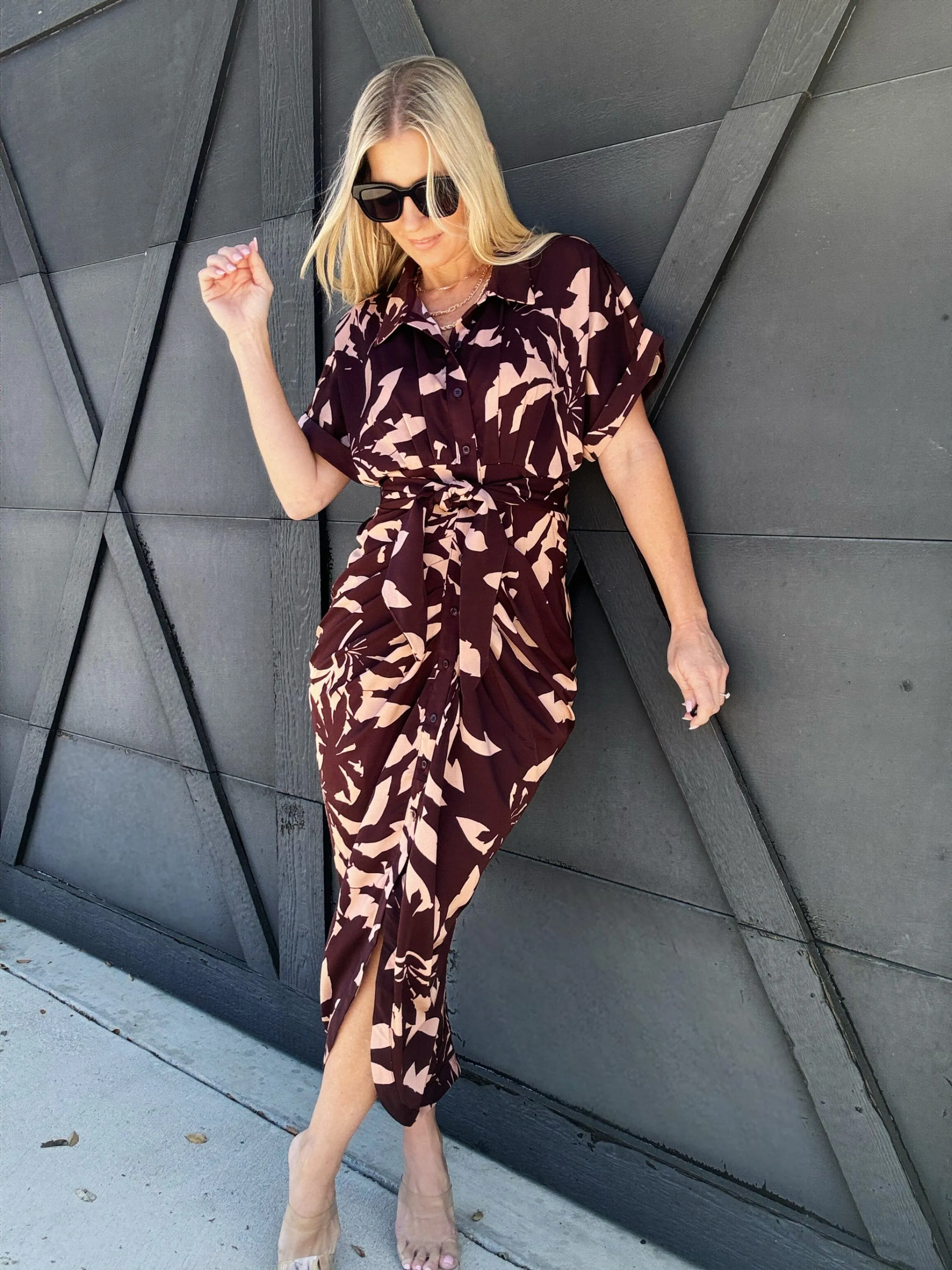 Ruched Button Down Midi Dress In Dried Palm