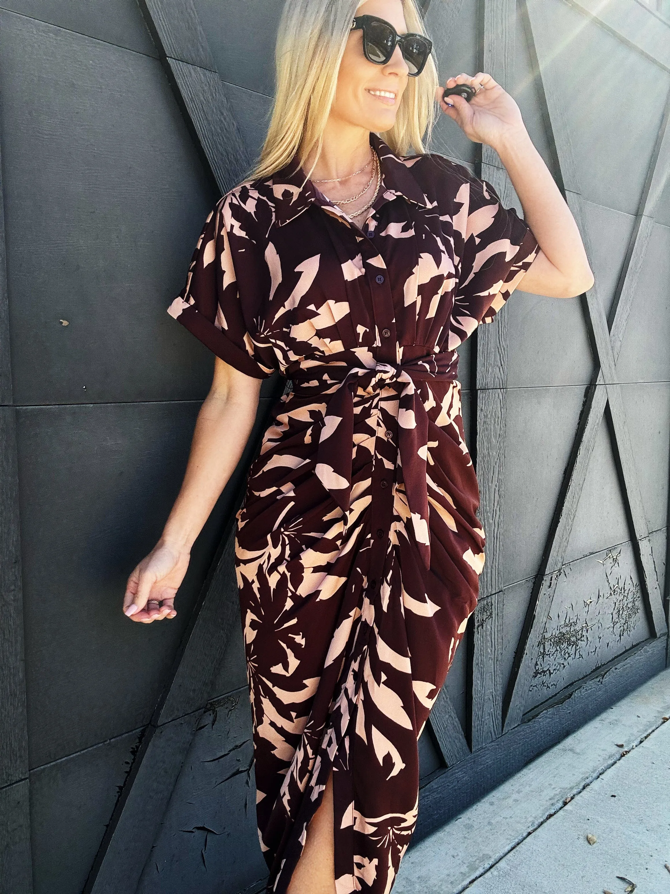 Ruched Button Down Midi Dress In Dried Palm