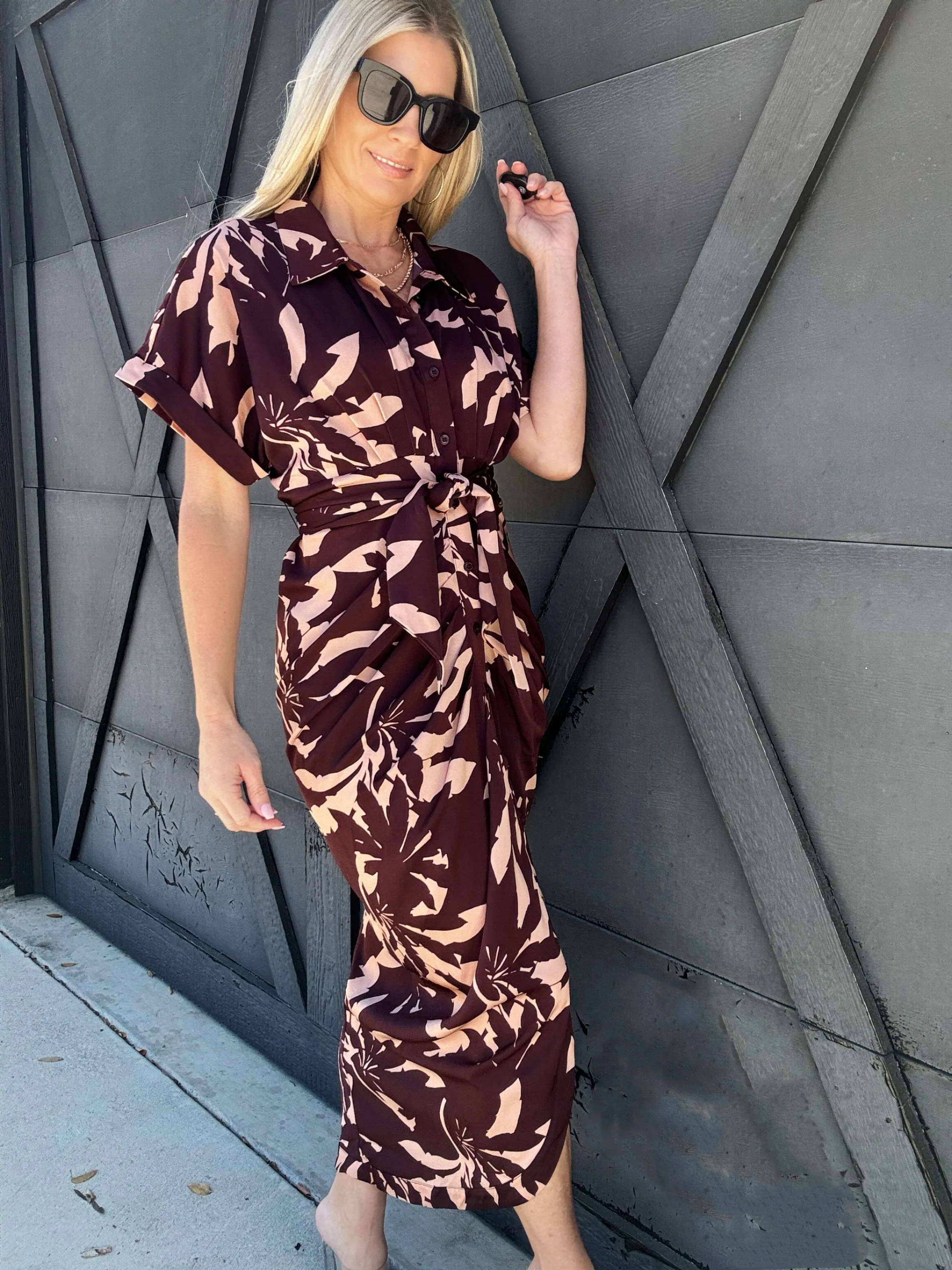 Ruched Button Down Midi Dress In Dried Palm
