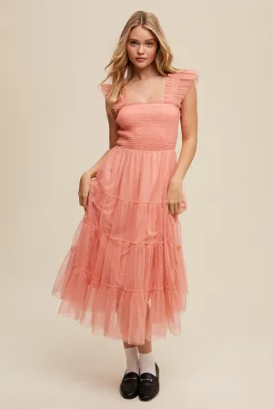 Ruffle Tiered Mesh Midi Maxi Dress (Coral)
