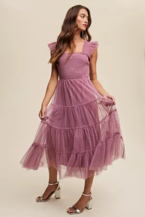Ruffle Tiered Mesh Midi Maxi Dress (maroon)
