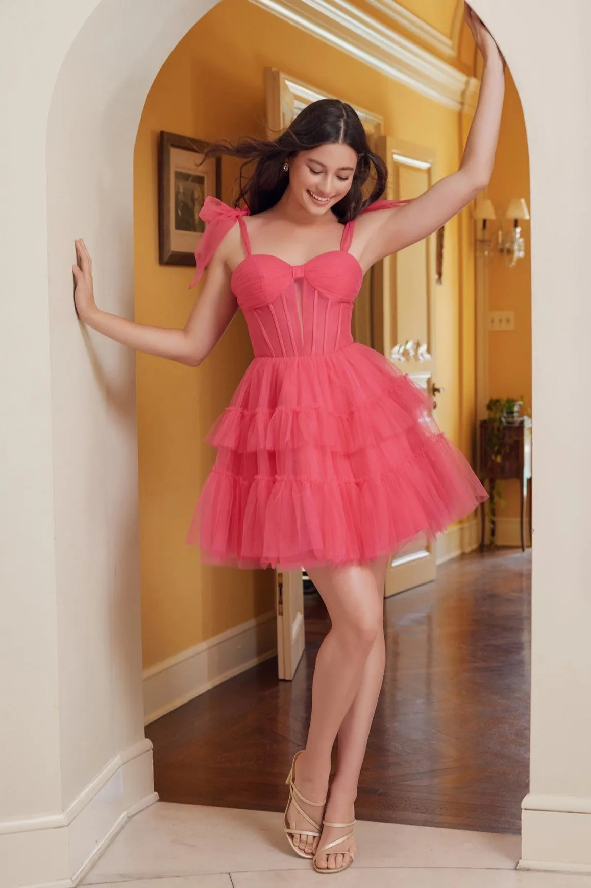 Ruffled Short Corset Dress with Ribbon Straps