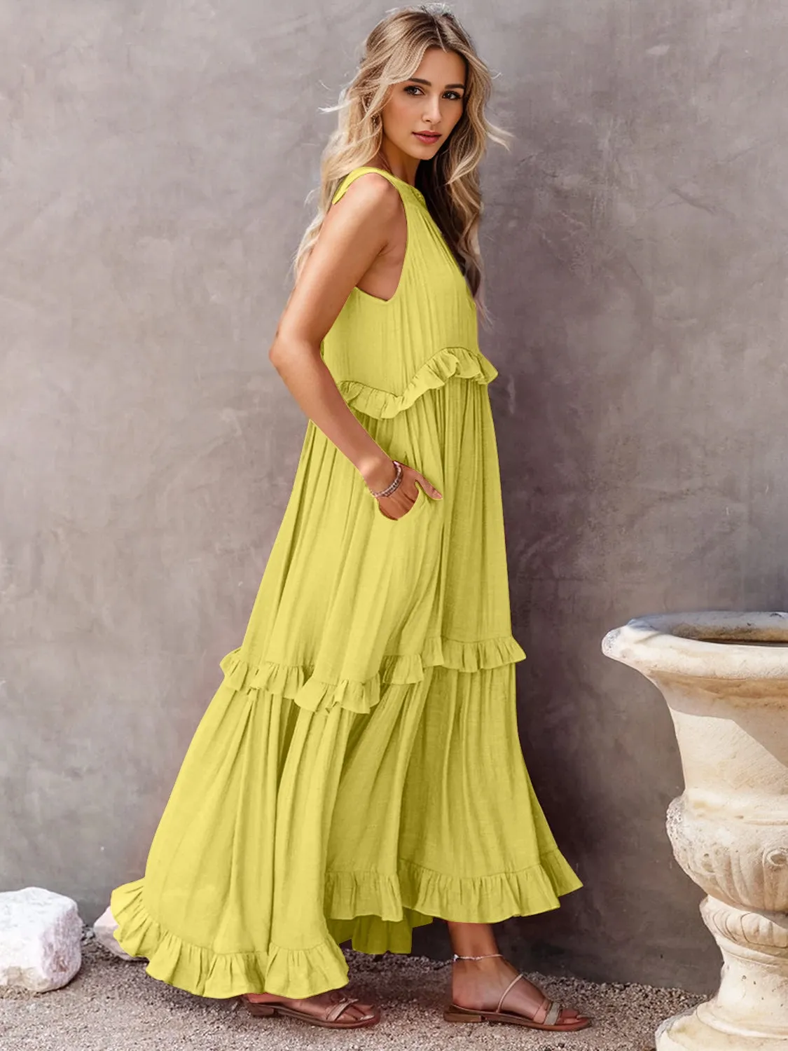 Ruffled Sleeveless Tiered Maxi Dress with Pockets (8 Colors)