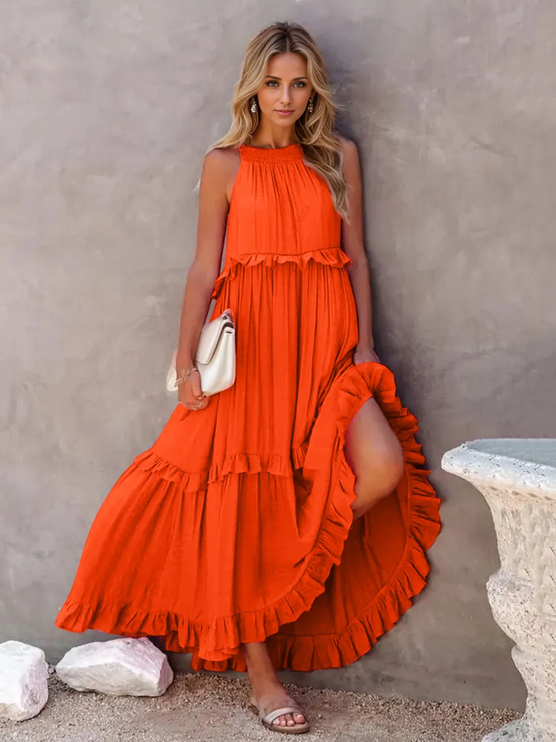 Ruffled Sleeveless Tiered Maxi Dress with Pockets (8 Colors)