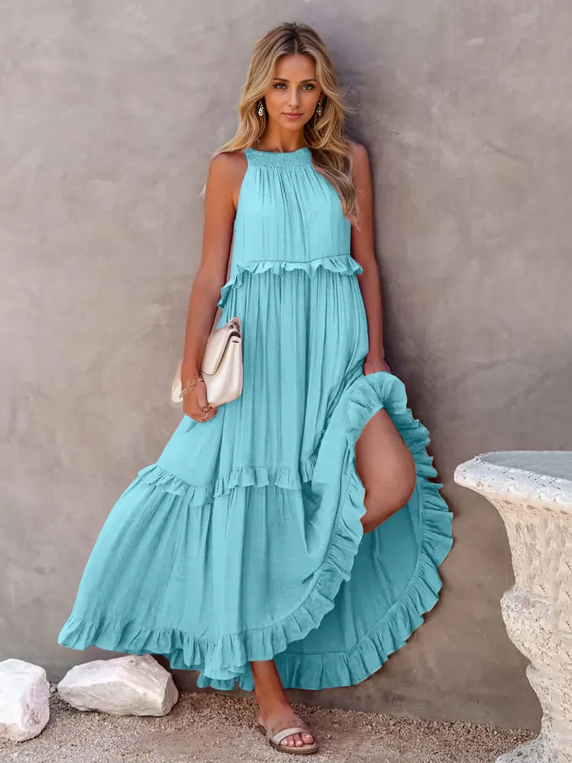 Ruffled Sleeveless Tiered Maxi Dress with Pockets (8 Colors)
