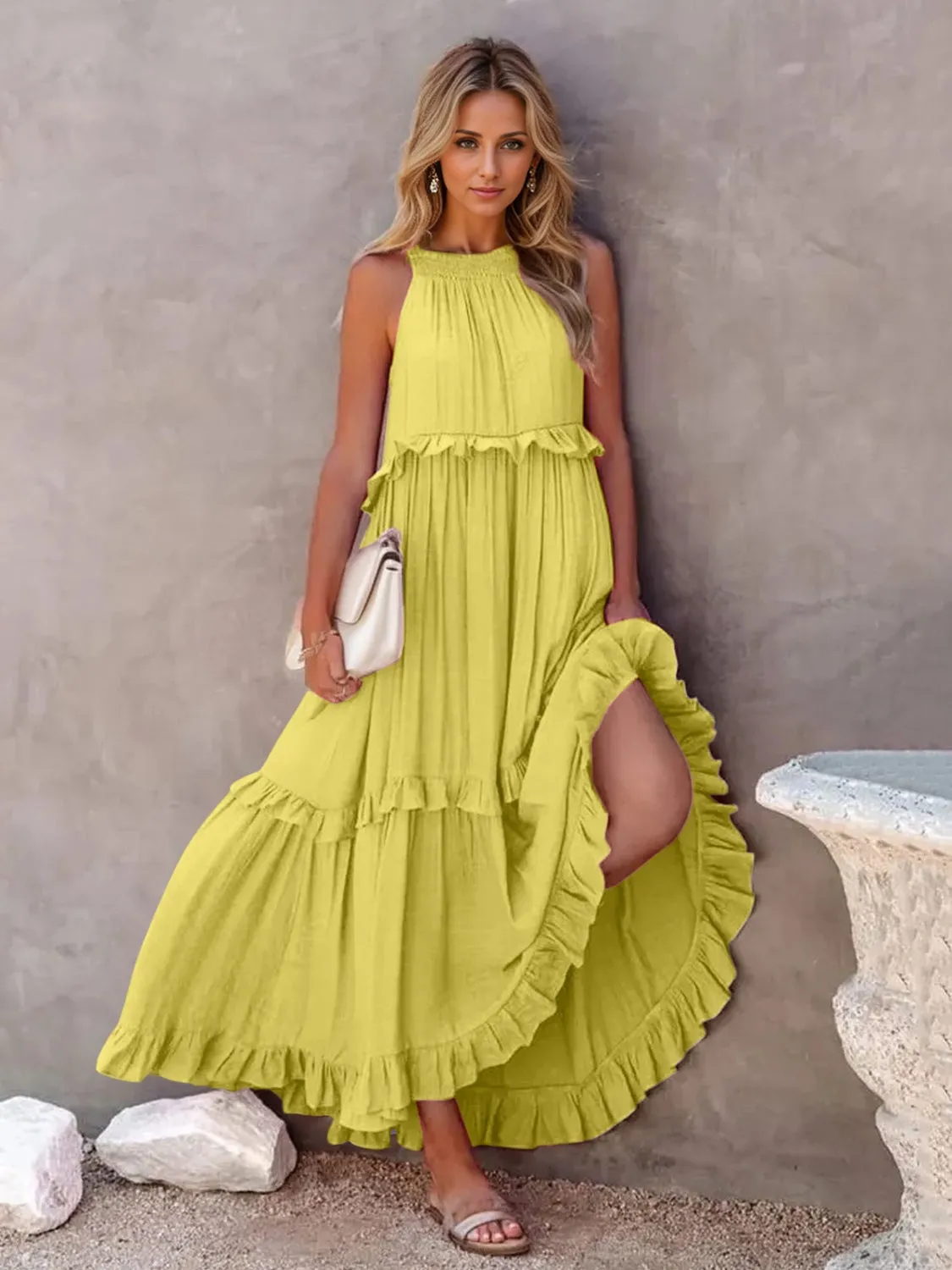 Ruffled Sleeveless Tiered Maxi Dress with Pockets (8 Colors)