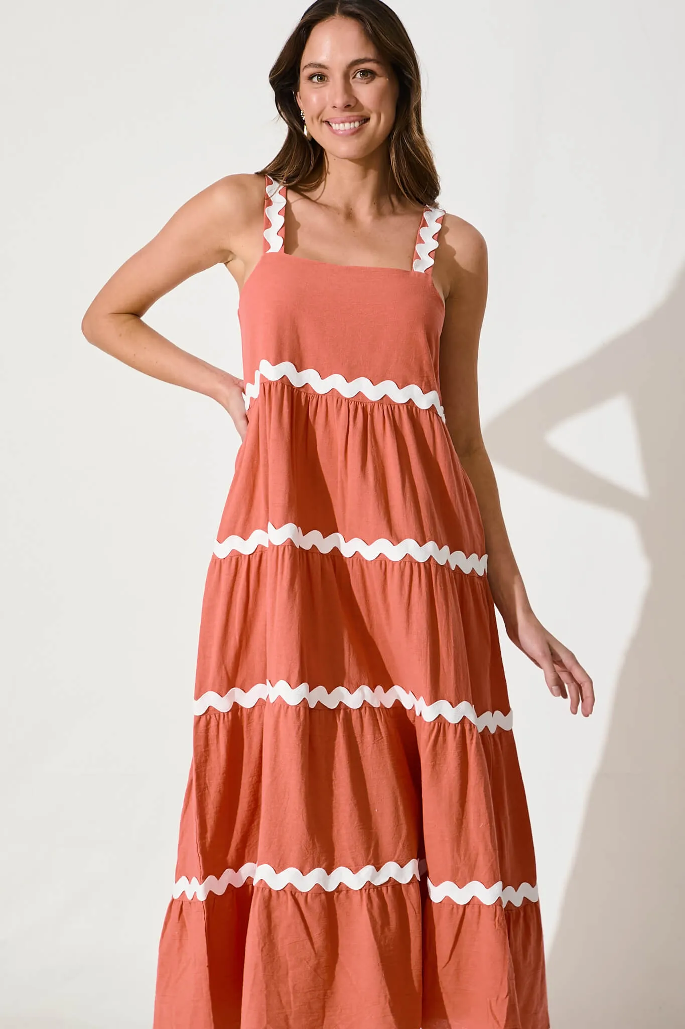Rust Maxi Dress with White Trim - Cotton Summer Wear