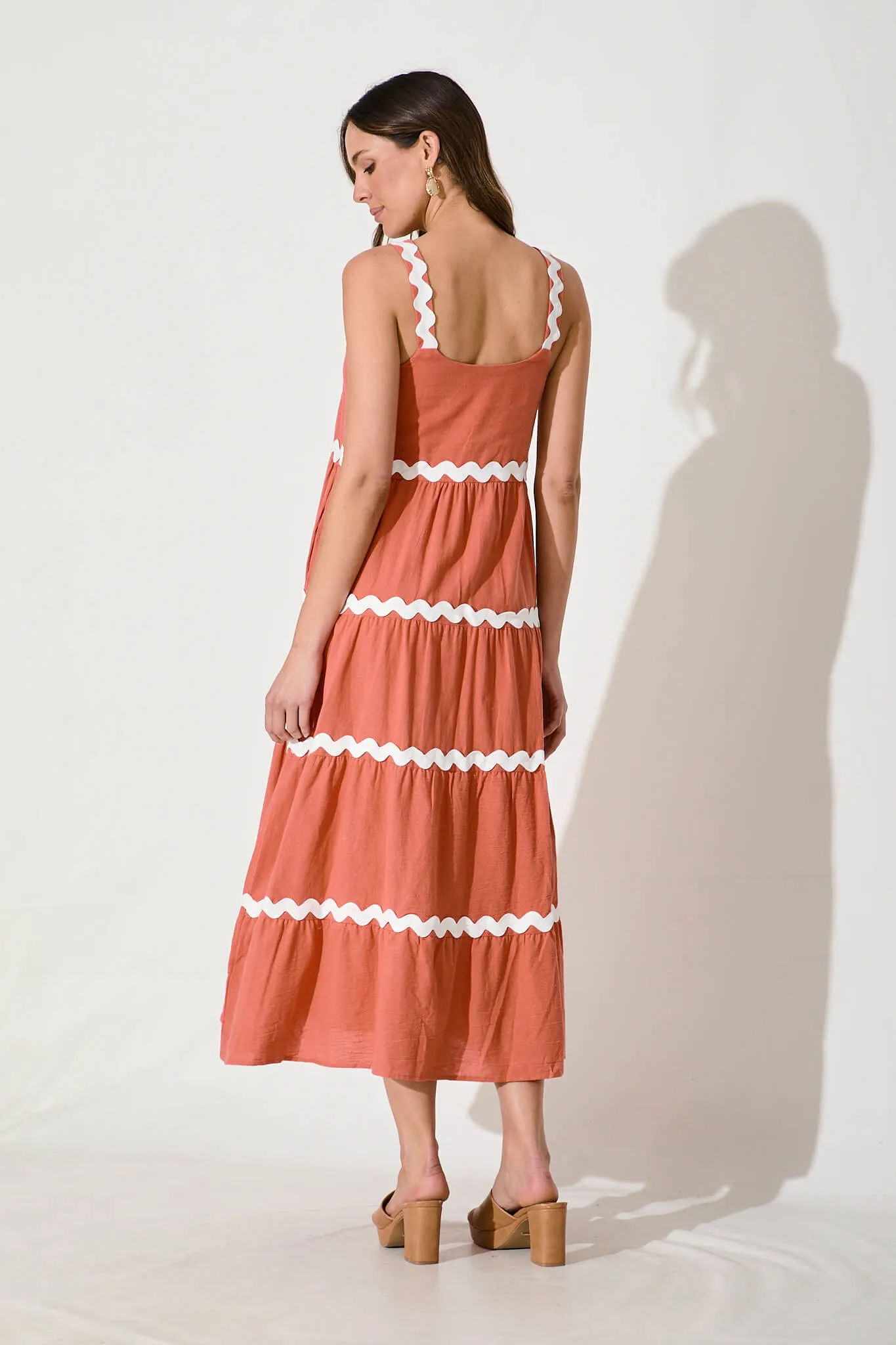 Rust Maxi Dress with White Trim - Cotton Summer Wear