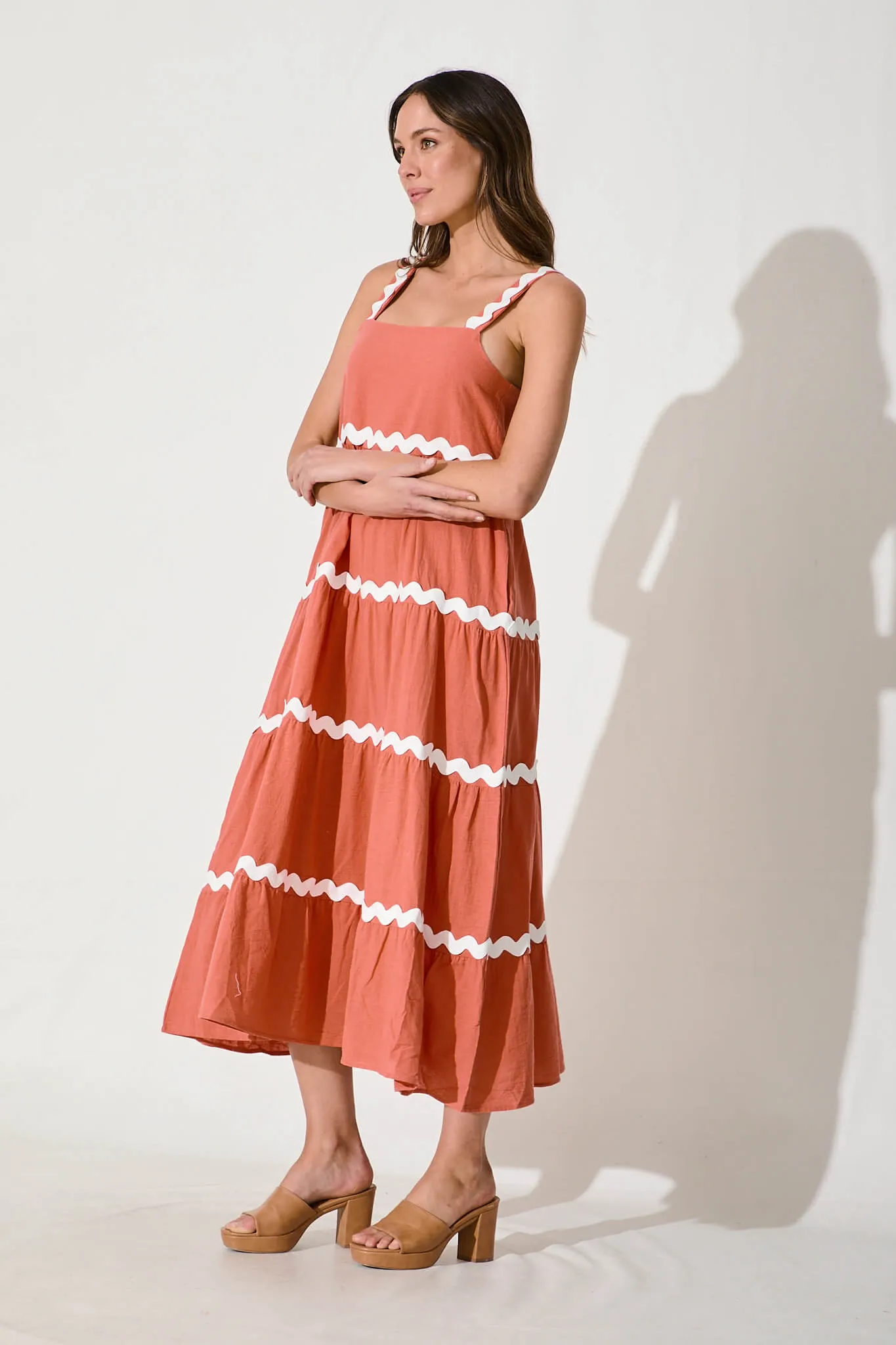 Rust Maxi Dress with White Trim - Cotton Summer Wear