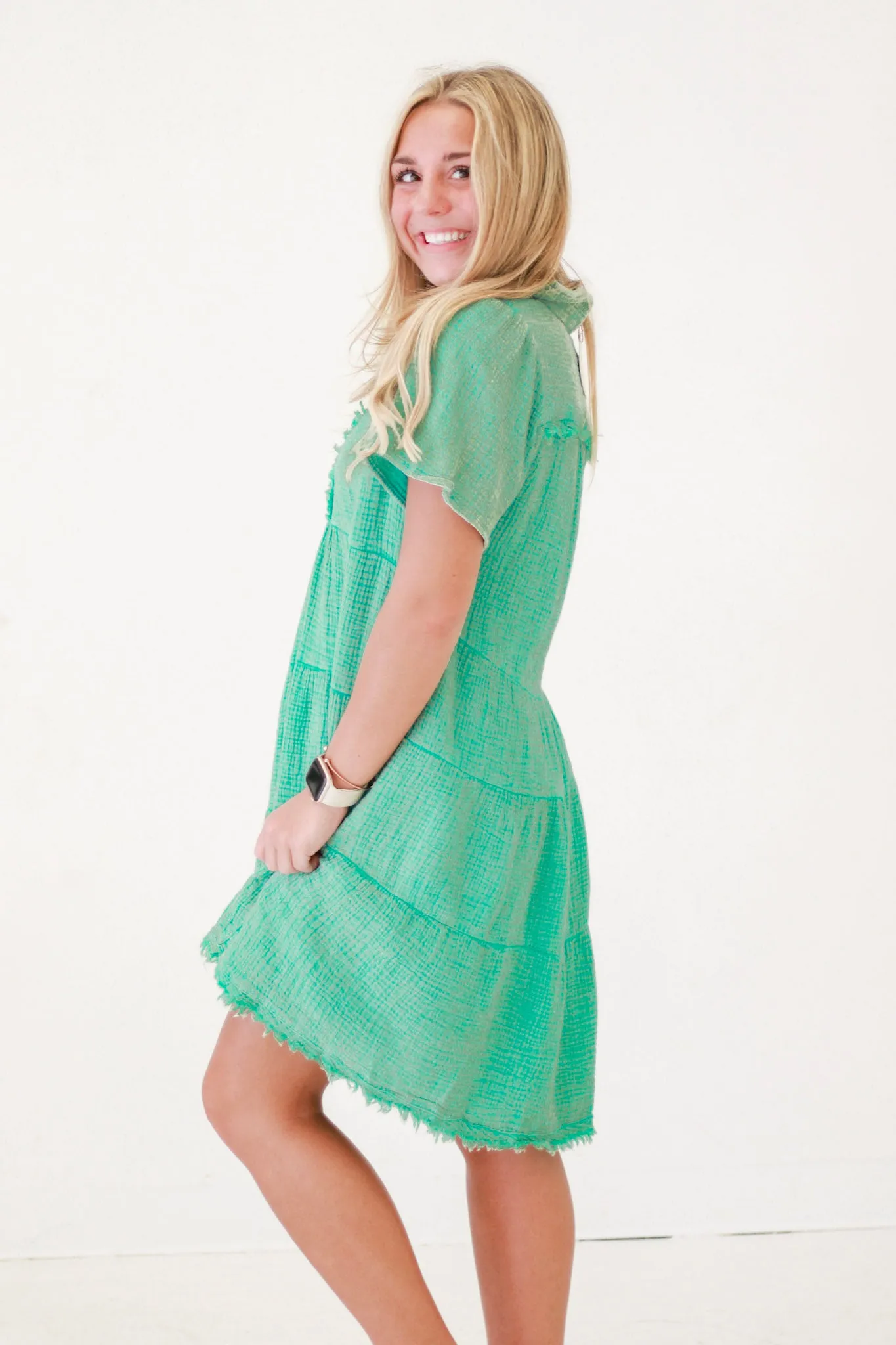 Rustic Charm Mineral Wash Dress in Jade Green