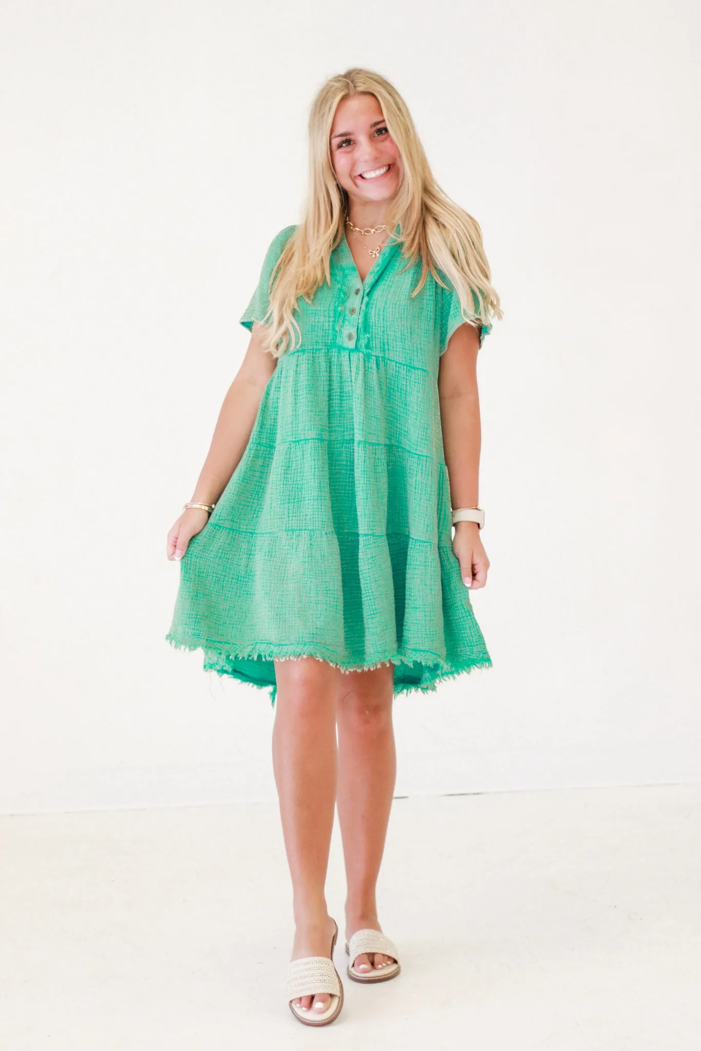 Rustic Charm Mineral Wash Dress in Jade Green