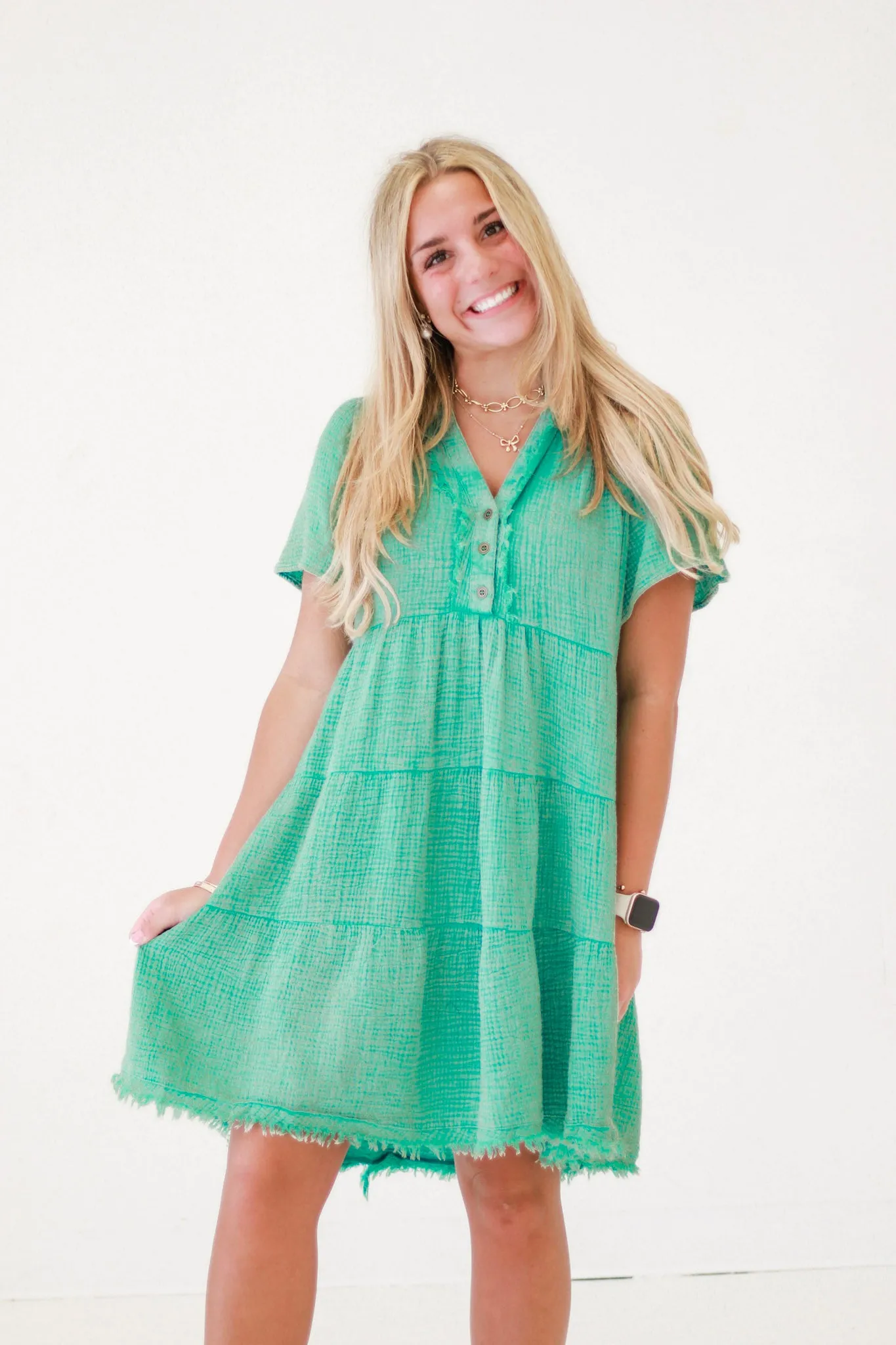 Rustic Charm Mineral Wash Dress in Jade Green