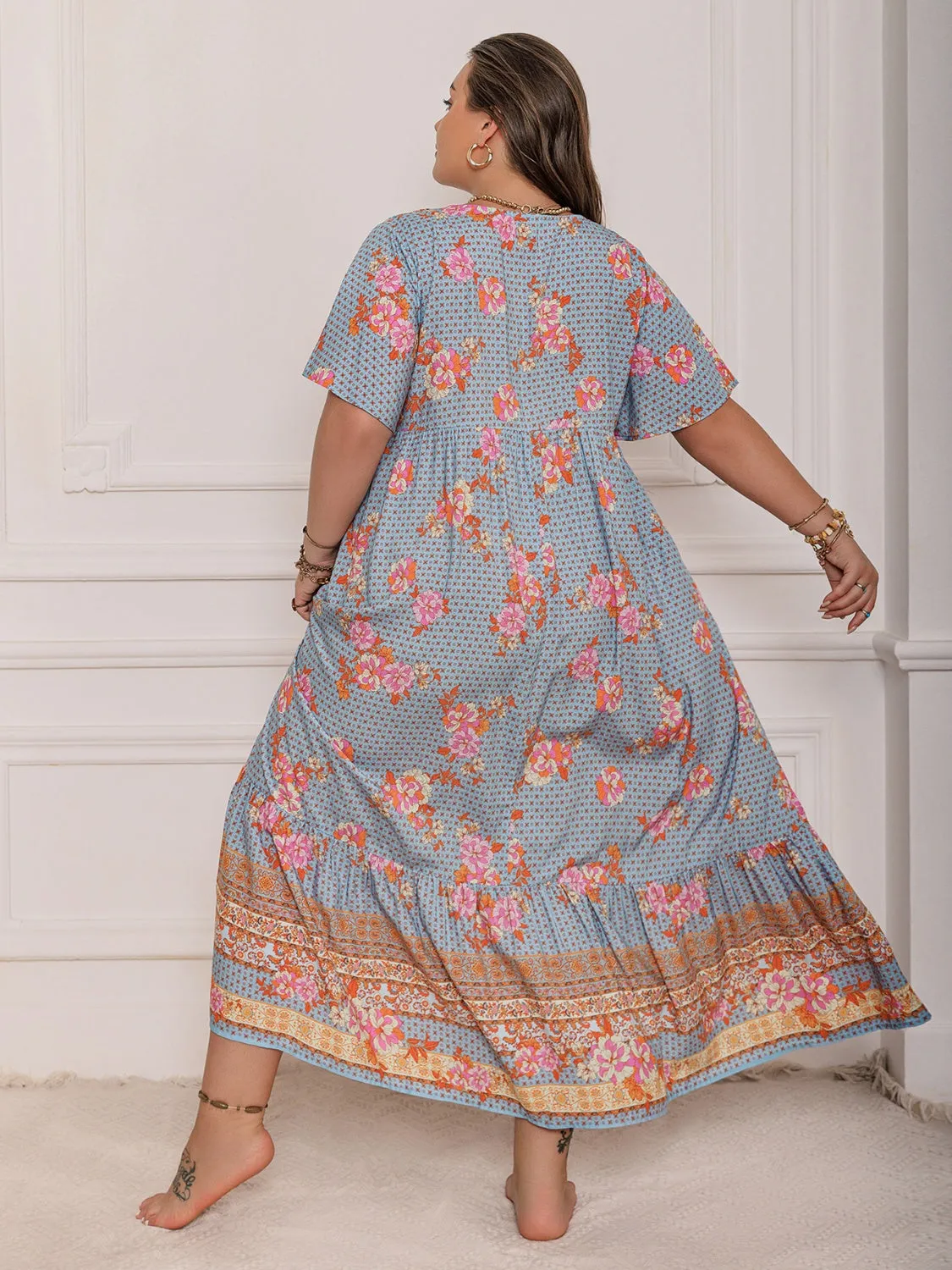 Rustty Dustty Plus Size Printed Tie Neck Flutter Sleeve Maxi Dress