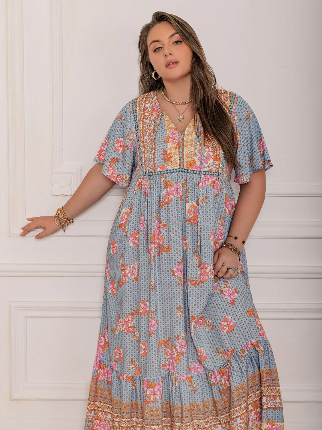 Rustty Dustty Plus Size Printed Tie Neck Flutter Sleeve Maxi Dress