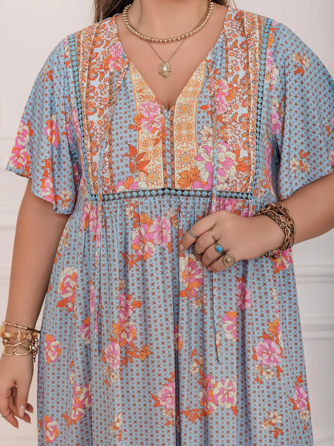 Rustty Dustty Plus Size Printed Tie Neck Flutter Sleeve Maxi Dress