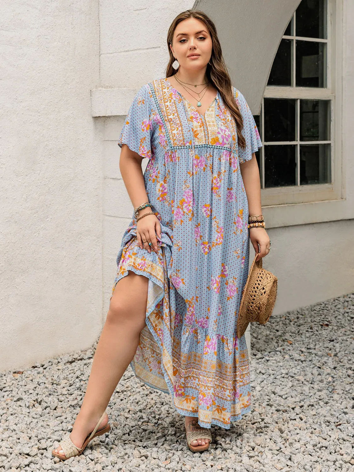 Rustty Dustty Plus Size Printed Tie Neck Flutter Sleeve Maxi Dress