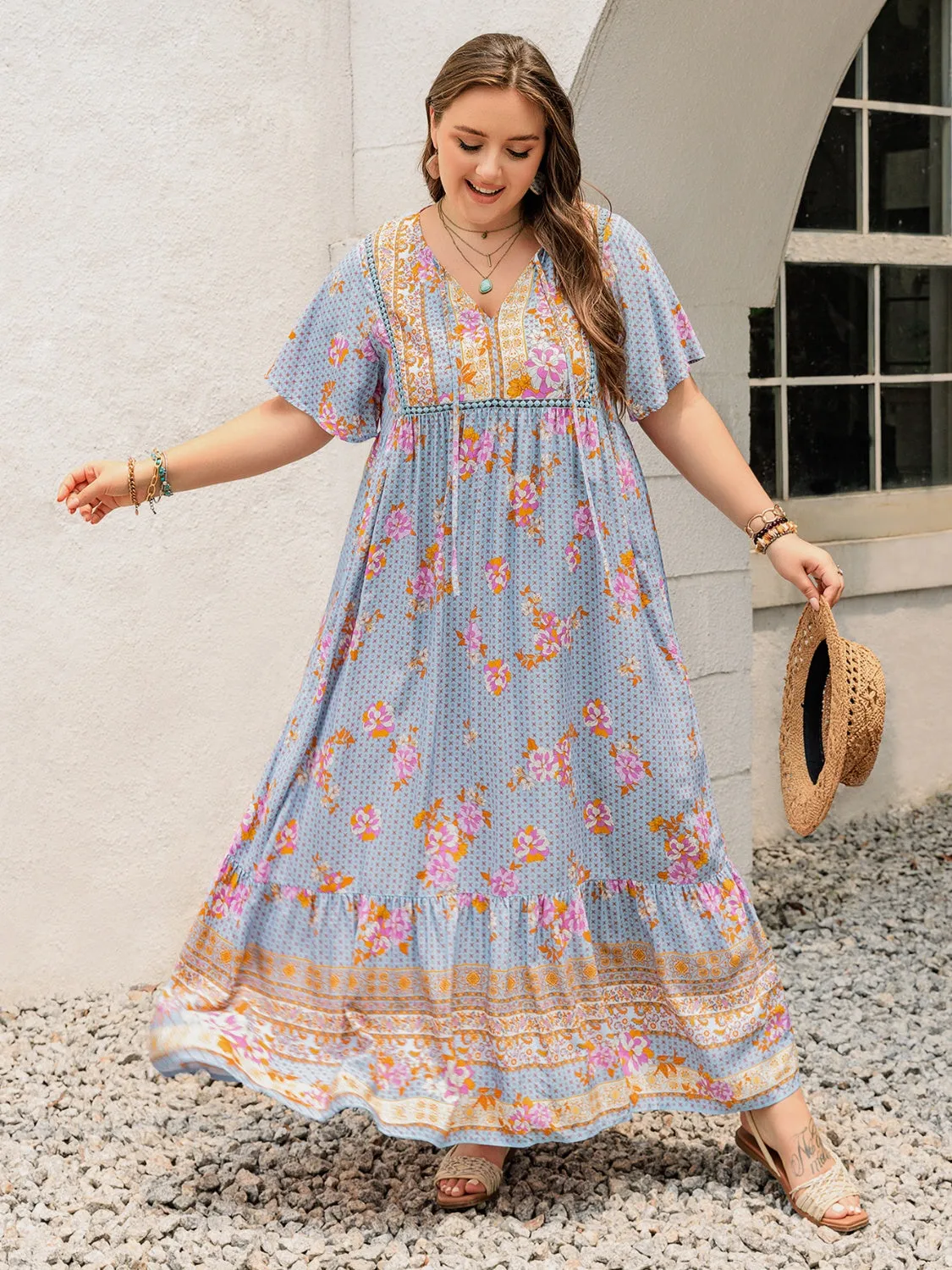 Rustty Dustty Plus Size Printed Tie Neck Flutter Sleeve Maxi Dress