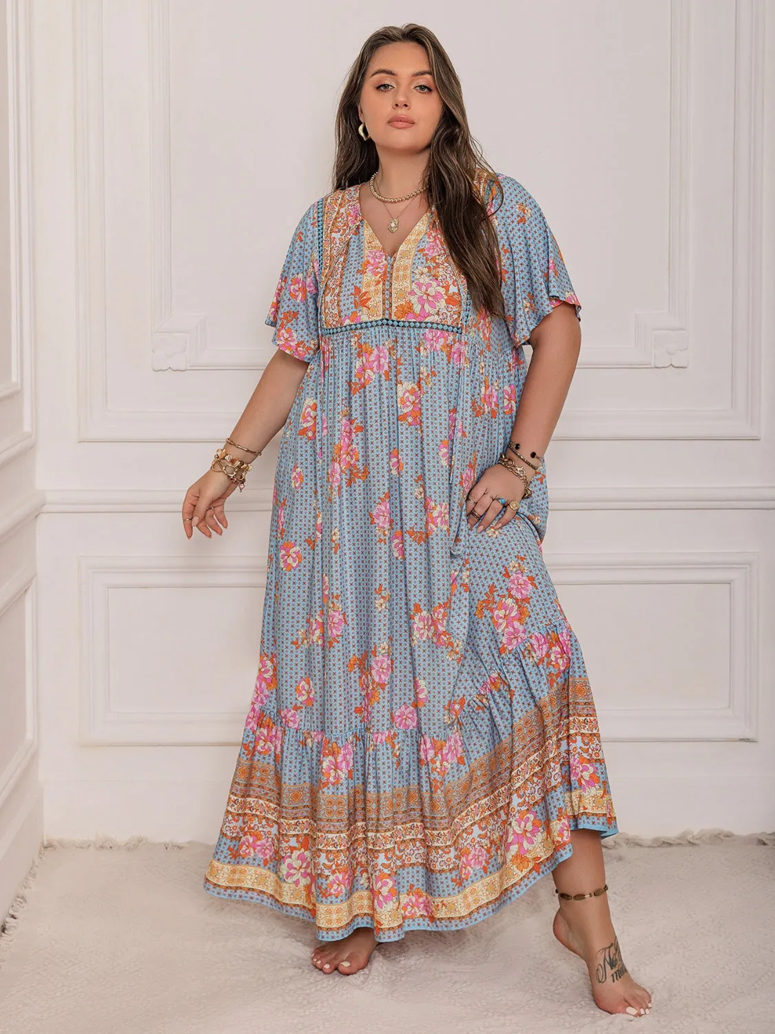 Rustty Dustty Plus Size Printed Tie Neck Flutter Sleeve Maxi Dress