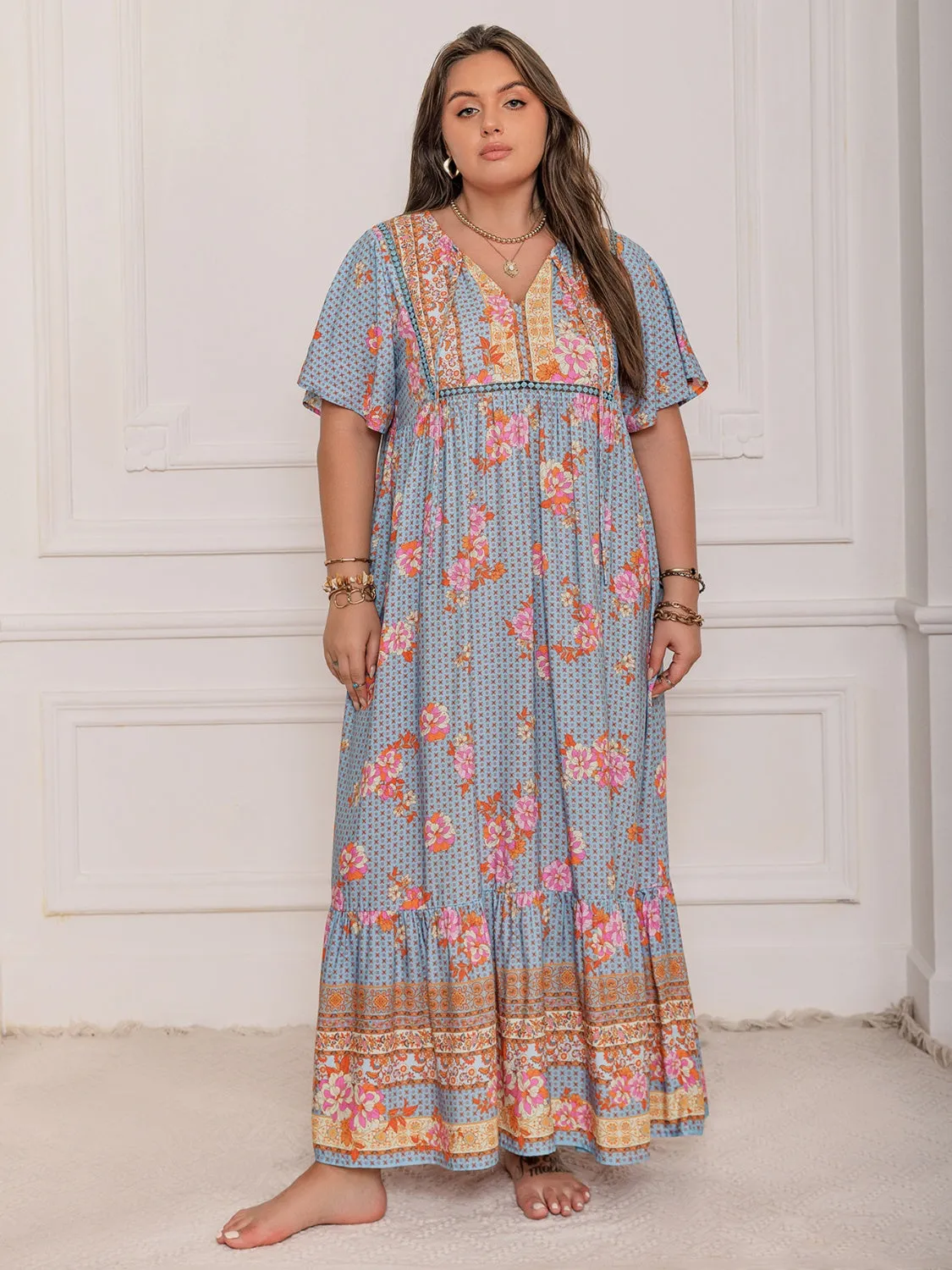 Rustty Dustty Plus Size Printed Tie Neck Flutter Sleeve Maxi Dress
