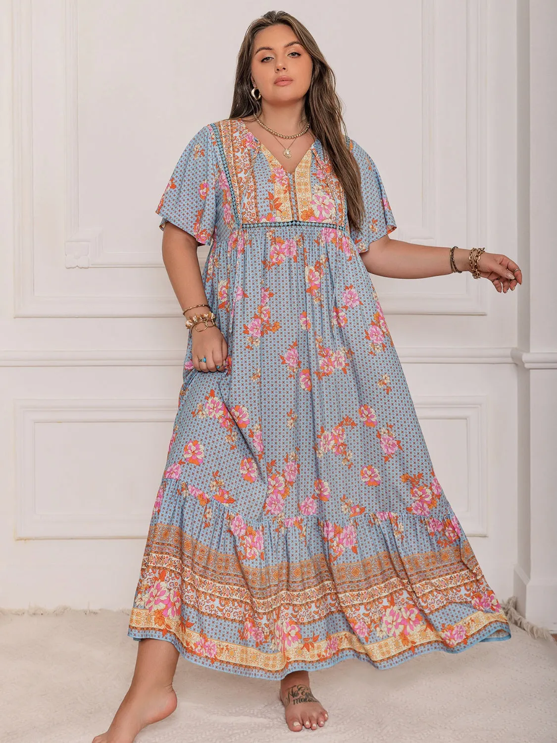 Rustty Dustty Plus Size Printed Tie Neck Flutter Sleeve Maxi Dress
