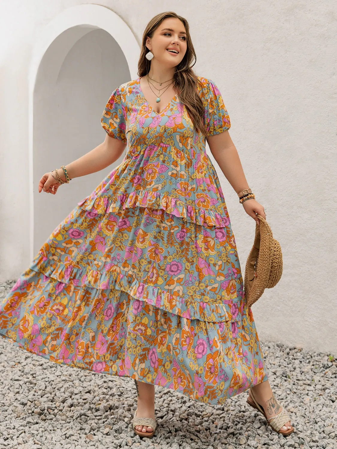 Rustty Dustty Plus Size Printed V-Neck Short Sleeve Maxi Dress