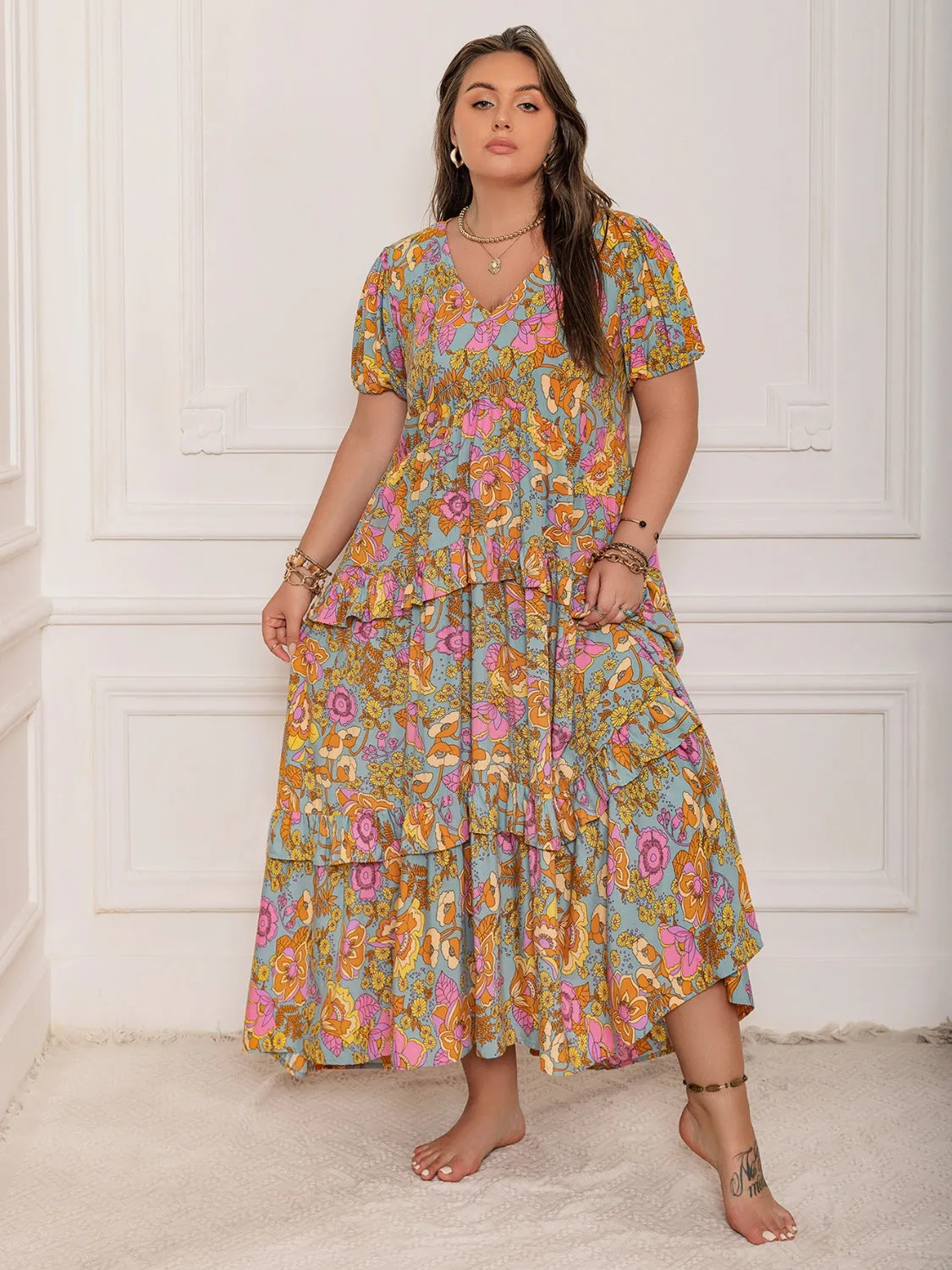 Rustty Dustty Plus Size Printed V-Neck Short Sleeve Maxi Dress