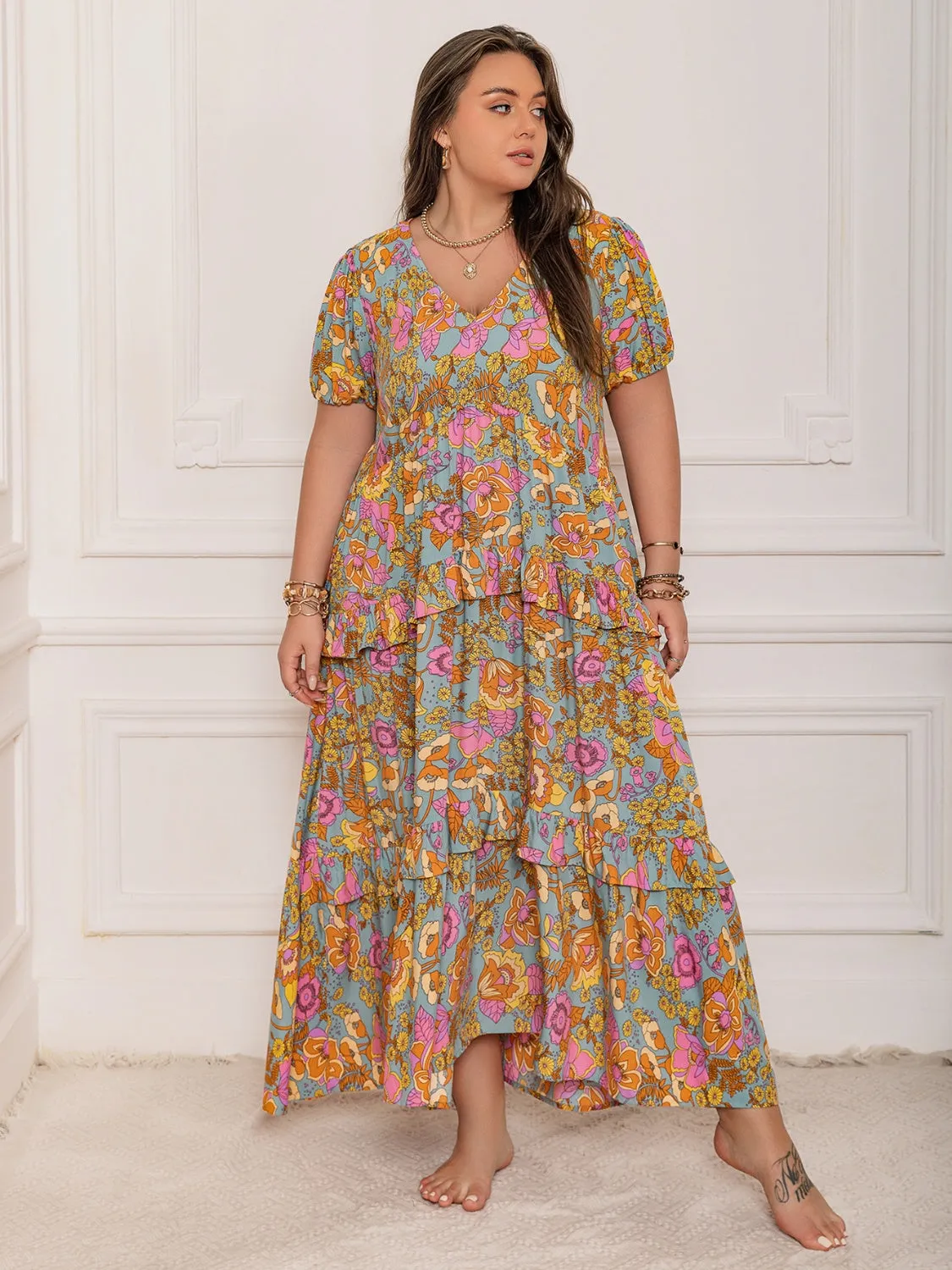 Rustty Dustty Plus Size Printed V-Neck Short Sleeve Maxi Dress