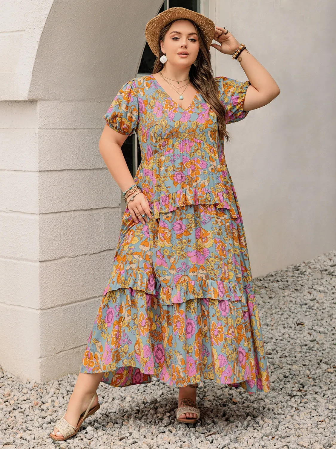 Rustty Dustty Plus Size Printed V-Neck Short Sleeve Maxi Dress