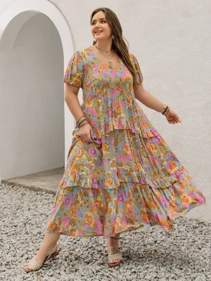 Rustty Dustty Plus Size Printed V-Neck Short Sleeve Maxi Dress