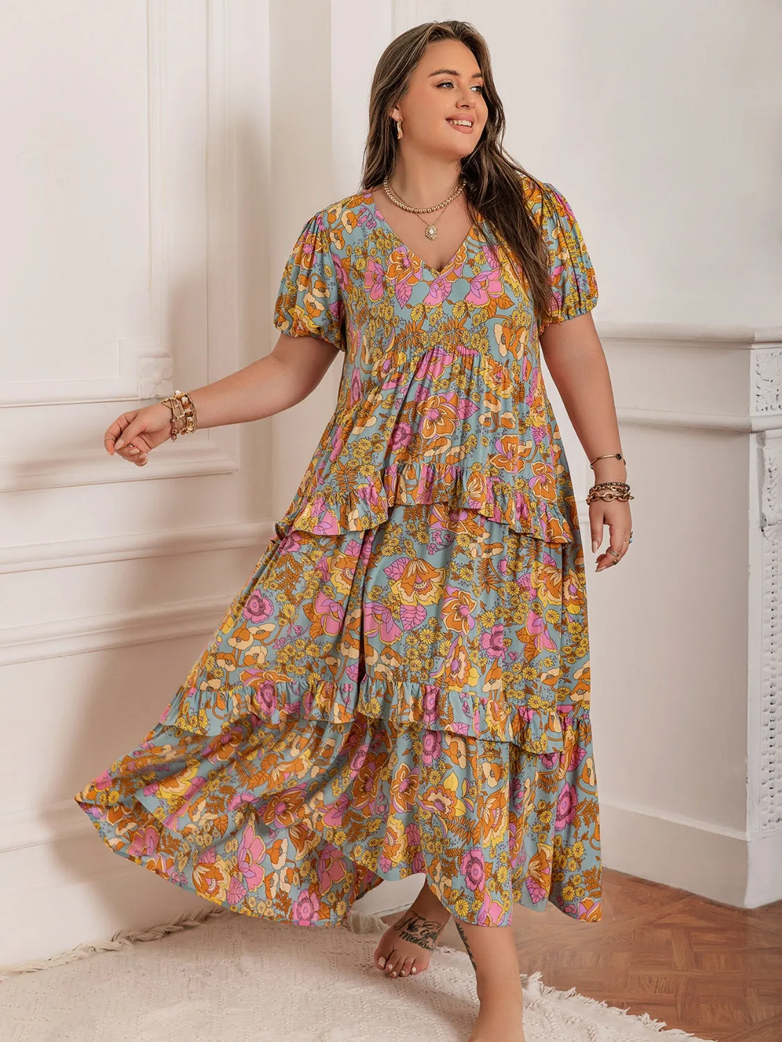 Rustty Dustty Plus Size Printed V-Neck Short Sleeve Maxi Dress