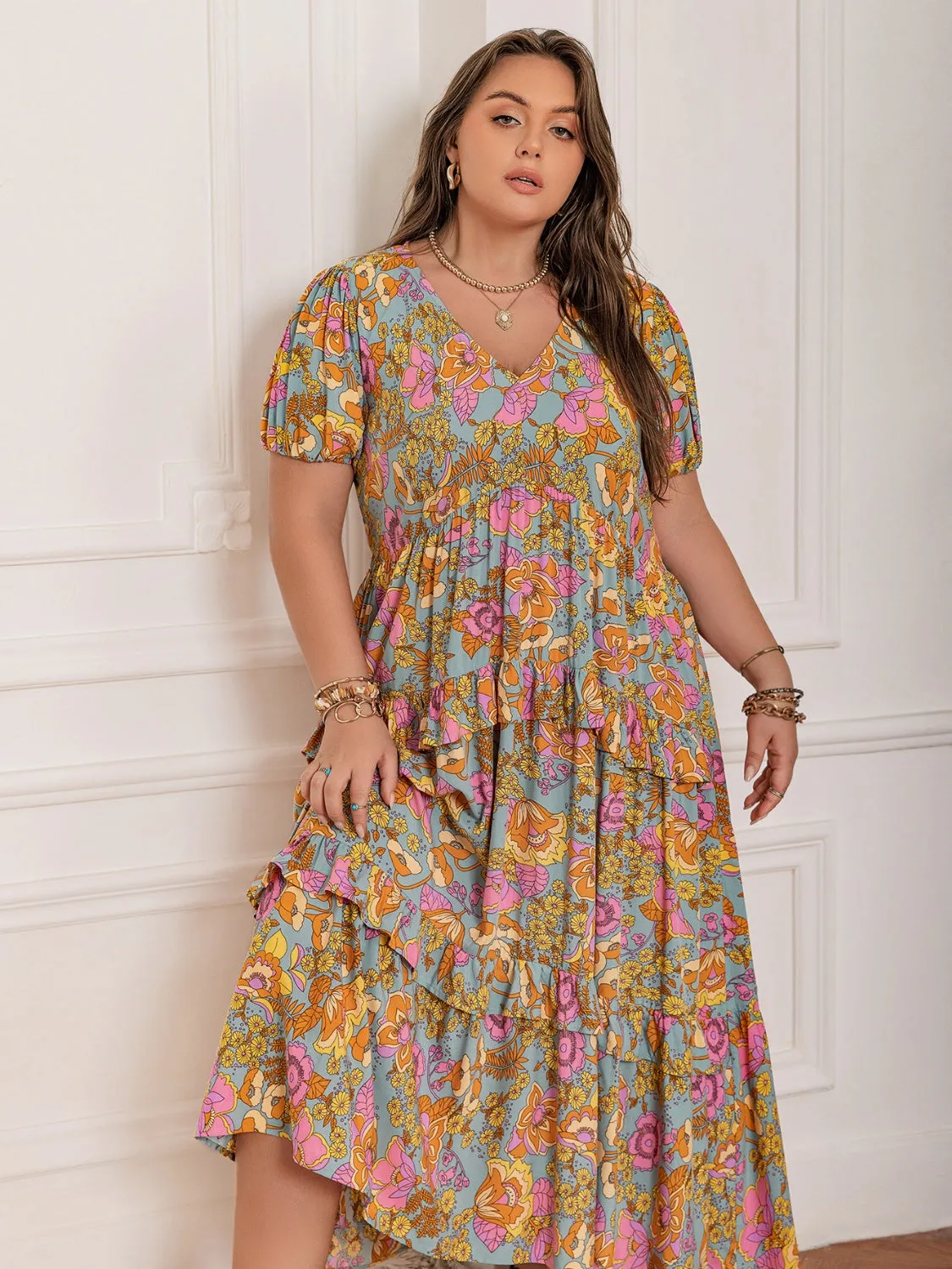 Rustty Dustty Plus Size Printed V-Neck Short Sleeve Maxi Dress
