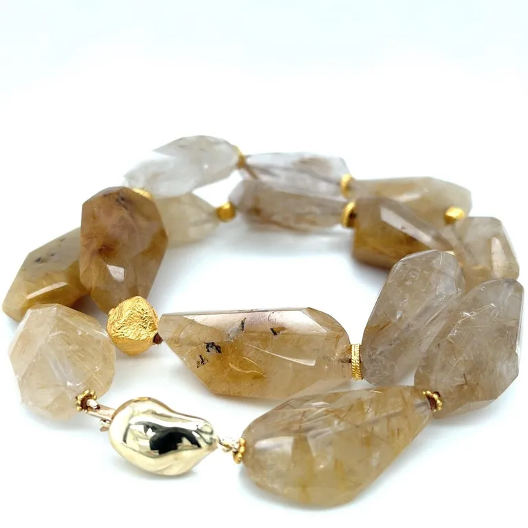 Rutilated Quartz Nugget Beaded Necklace with Yellow Gold Accents, 18 Inches