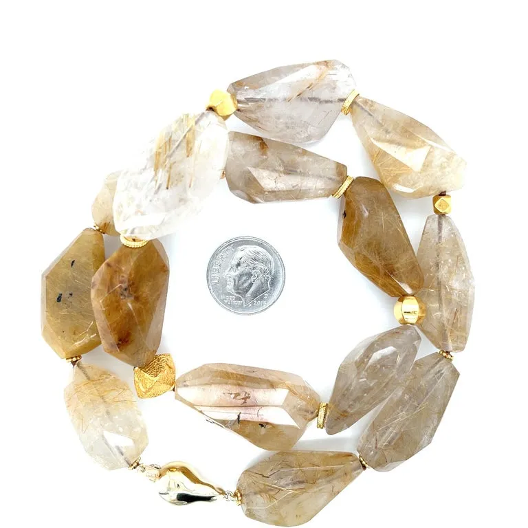 Rutilated Quartz Nugget Beaded Necklace with Yellow Gold Accents, 18 Inches