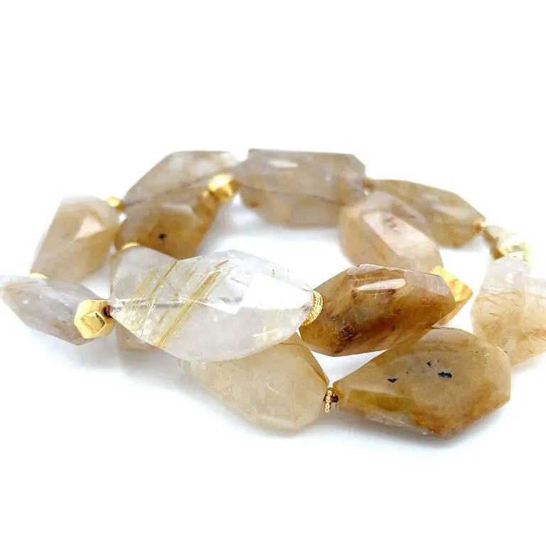 Rutilated Quartz Nugget Beaded Necklace with Yellow Gold Accents, 18 Inches