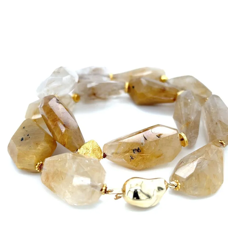 Rutilated Quartz Nugget Beaded Necklace with Yellow Gold Accents, 18 Inches