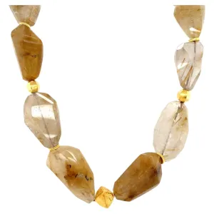 Rutilated Quartz Nugget Beaded Necklace with Yellow Gold Accents, 18 Inches