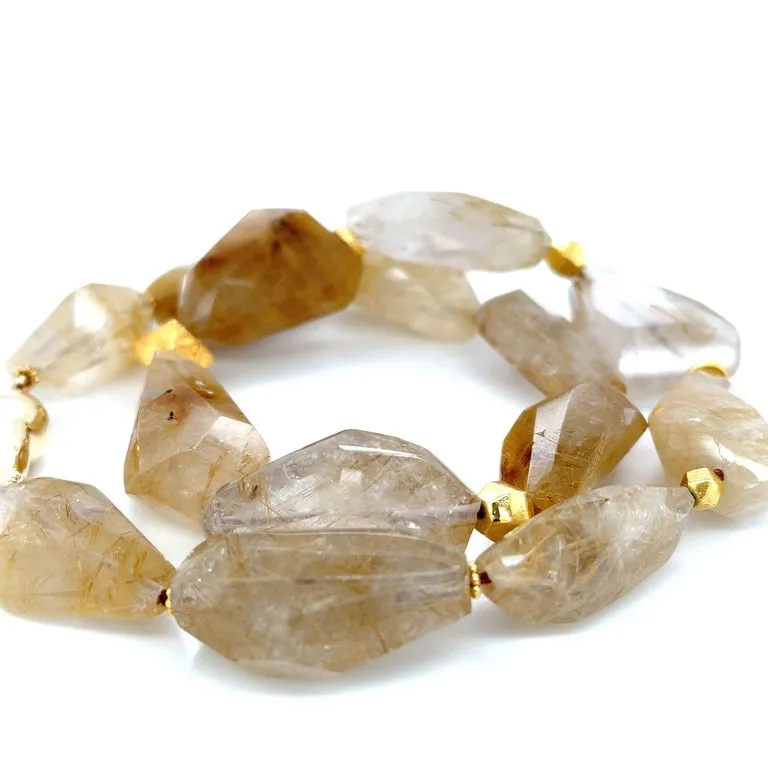 Rutilated Quartz Nugget Beaded Necklace with Yellow Gold Accents, 18 Inches
